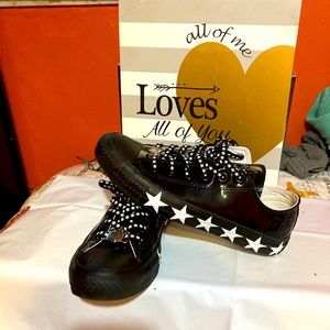 (NWOT) MC Converse AllStar Black Patent Leather White Stars. literally worn ONCE